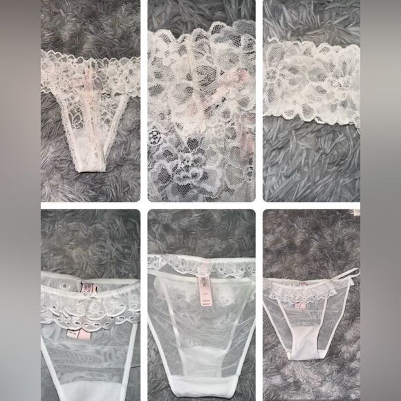 BUNDLE Victoria’s Secret thong bundle white lace and ruffles with mesh sz M - Picture 1 of 9